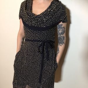 Navy Cocktail Dress with Gold Sequins & Gold Beads